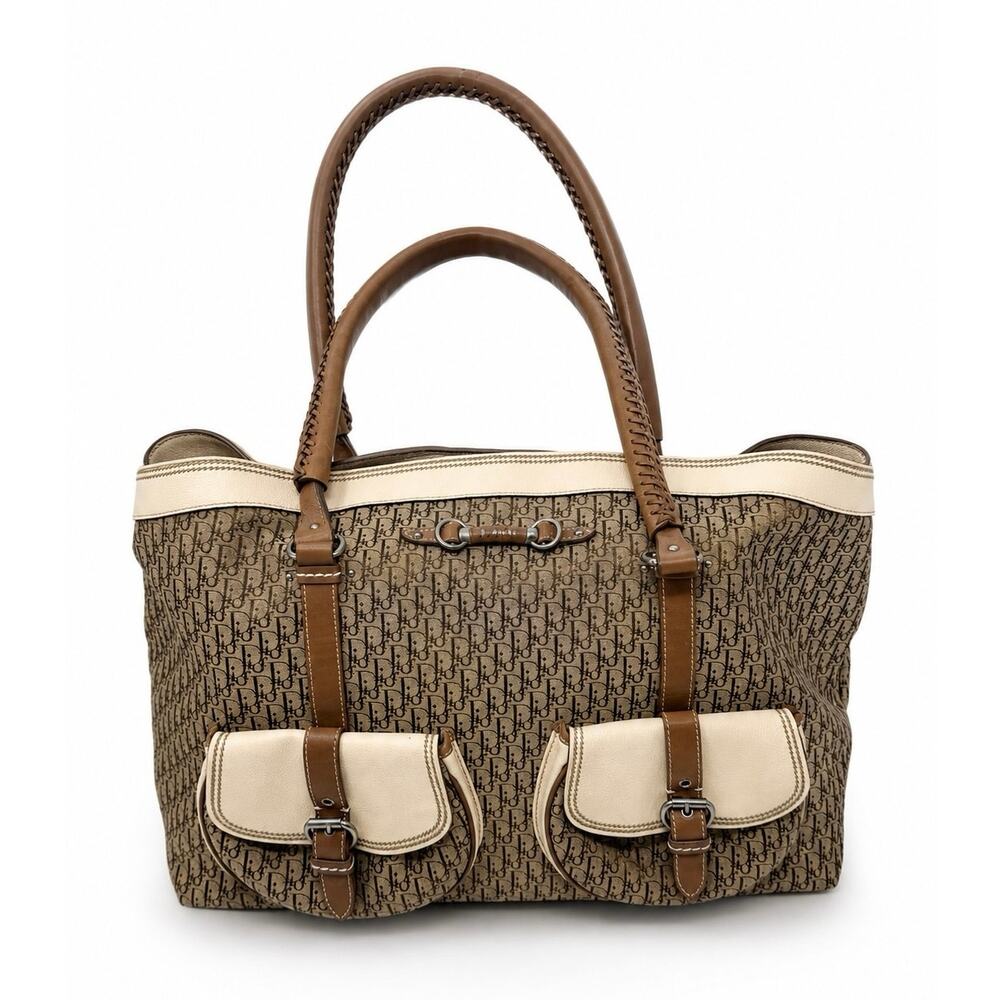 Dior Y2K John Galliano Monogram Detective Frame Beige Canvas Leather Bag